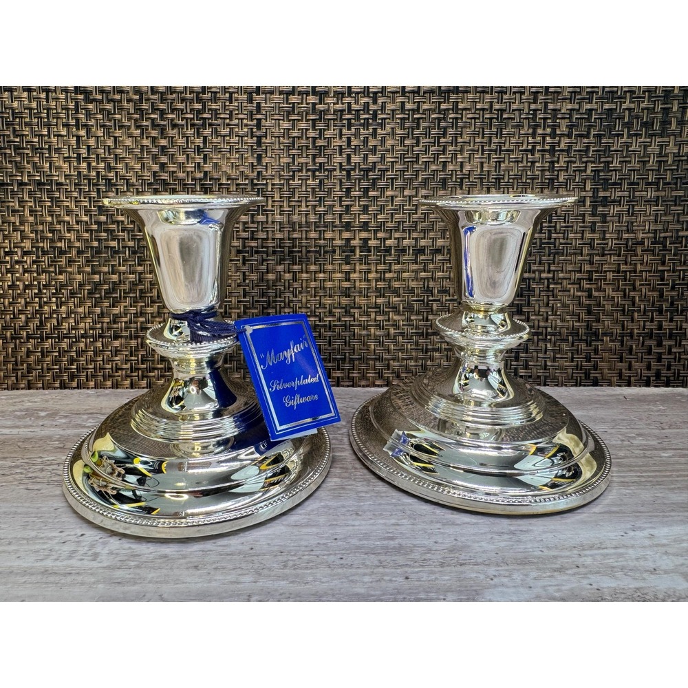 VTG Mayfair Silverplated Candlesticks Pair - Made in England - 4" Tall Weighted